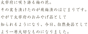 太宰府に咲き誇る梅の花。その実を漬けたのが飛梅漬のはじまりです。